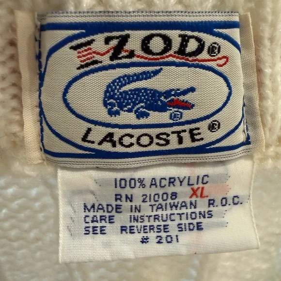 Vintage IZOD Lacoste Cable Knit V-Neck Sweater XL Cream Red Navy Men’s